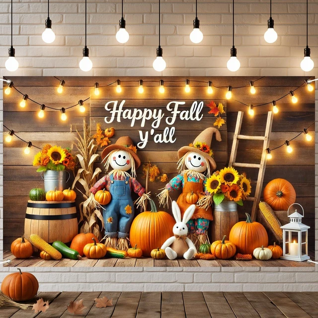Main image of Happy Fall Y'all Banner Thanksgiving Backdrop 71 x 43 Inch Happy Fall Y'all Scarecrow Farm Background, Pumpkin Sunflower Harvest Decor for Thanksgiving Porch Wall Party Photo Booth