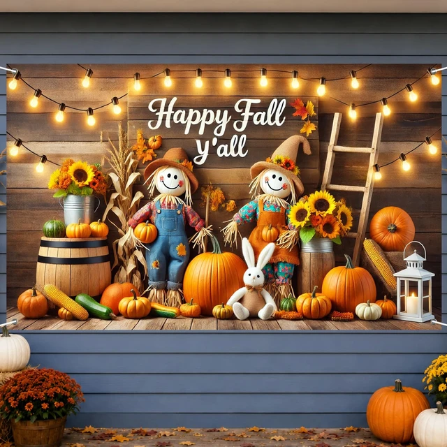 Alt view image 2 of 7 - Happy Fall Y'all Banner Thanksgiving Backdrop 71 x 43 Inch Happy Fall Y'all Scarecrow Farm Background, Pumpkin Sunflower Harvest Decor for Thanksgiving Porch Wall Party Photo Booth