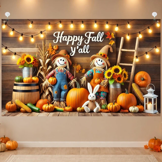 Alt view image 4 of 7 - Happy Fall Y'all Banner Thanksgiving Backdrop 71 x 43 Inch Happy Fall Y'all Scarecrow Farm Background, Pumpkin Sunflower Harvest Decor for Thanksgiving Porch Wall Party Photo Booth