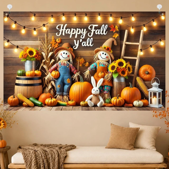 Alt view image 3 of 7 - Happy Fall Y'all Banner Thanksgiving Backdrop 71 x 43 Inch Happy Fall Y'all Scarecrow Farm Background, Pumpkin Sunflower Harvest Decor for Thanksgiving Porch Wall Party Photo Booth