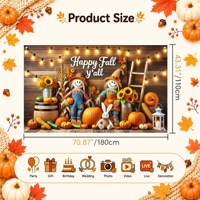 Alt view image 5 of 7 - Happy Fall Y'all Banner Thanksgiving Backdrop 71 x 43 Inch Happy Fall Y'all Scarecrow Farm Background, Pumpkin Sunflower Harvest Decor for Thanksgiving Porch Wall Party Photo Booth
