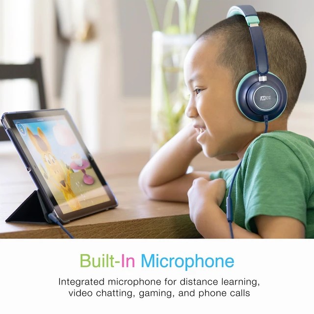 Alt view image 6 of 7 - KidJamz KJ45 Childrens Safe Listening Headphones with Volume Limiter & Microphone, Adjustable On-Ear Kids Headset Wired with 3.5mm Jack for Online Learning/School/Travel/Tablet (Blue/Teal)