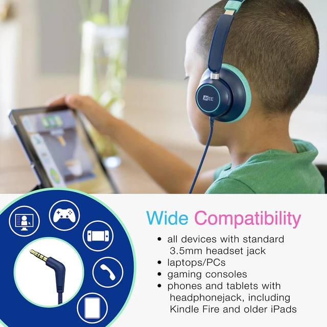 Alt view image 7 of 7 - KidJamz KJ45 Childrens Safe Listening Headphones with Volume Limiter & Microphone, Adjustable On-Ear Kids Headset Wired with 3.5mm Jack for Online Learning/School/Travel/Tablet (Blue/Teal)