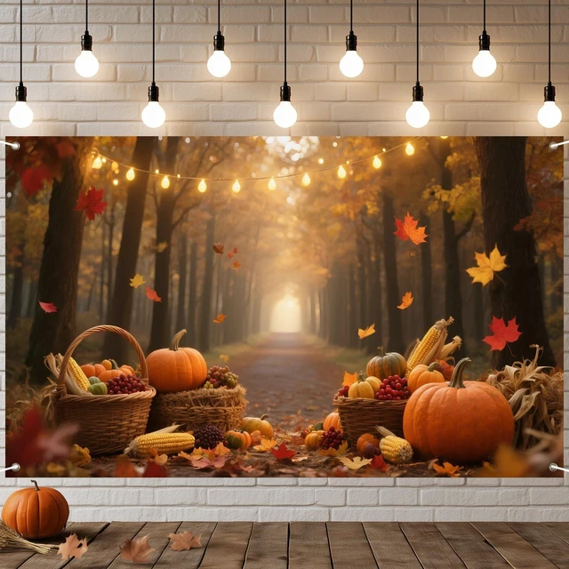 Main image of Fall Backdrop Pumpkin Harvest Thanksgiving Banner 71 x 43 Inch Autumn Pumpkin Corn Harvest Forest Background for Thanksgiving Party Decorations, Fall Festival Wall and Photo Booth