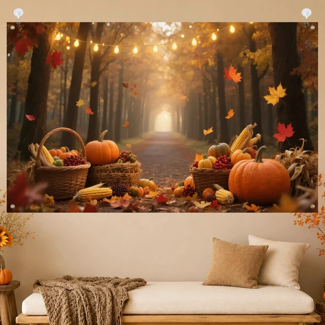 Alt view image 3 of 7 - Fall Backdrop Pumpkin Harvest Thanksgiving Banner 71 x 43 Inch Autumn Pumpkin Corn Harvest Forest Background for Thanksgiving Party Decorations, Fall Festival Wall and Photo Booth