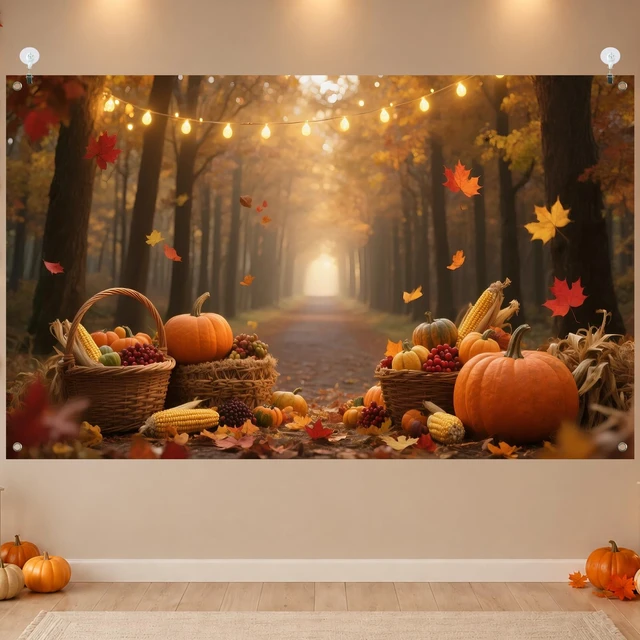 Alt view image 4 of 7 - Fall Backdrop Pumpkin Harvest Thanksgiving Banner 71 x 43 Inch Autumn Pumpkin Corn Harvest Forest Background for Thanksgiving Party Decorations, Fall Festival Wall and Photo Booth