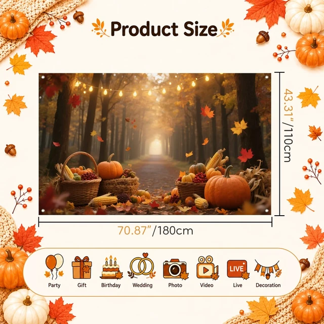 Alt view image 5 of 7 - Fall Backdrop Pumpkin Harvest Thanksgiving Banner 71 x 43 Inch Autumn Pumpkin Corn Harvest Forest Background for Thanksgiving Party Decorations, Fall Festival Wall and Photo Booth