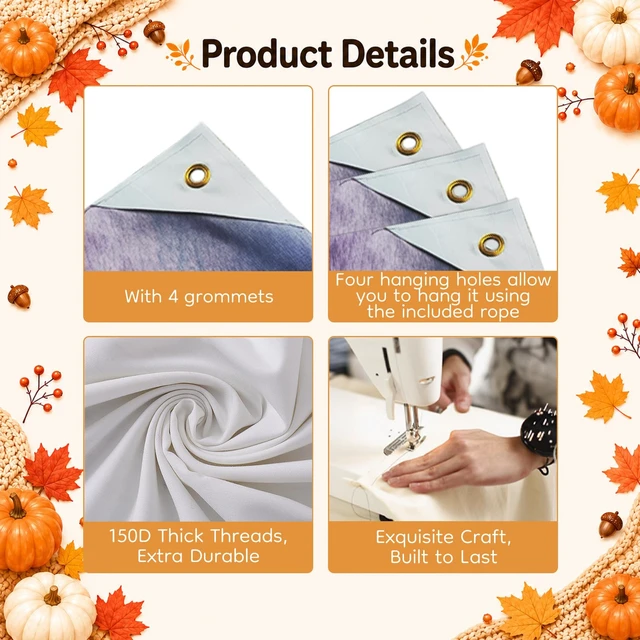 Alt view image 6 of 7 - Fall Pumpkin Banner Fall Thanksgiving Decorations 71 x 43 Inch Happy Fall Pumpkin Harvest Wood Backdrop with Maple Leaves, Wheat and String Lights for Autumn Thanksgiving Party Decorations