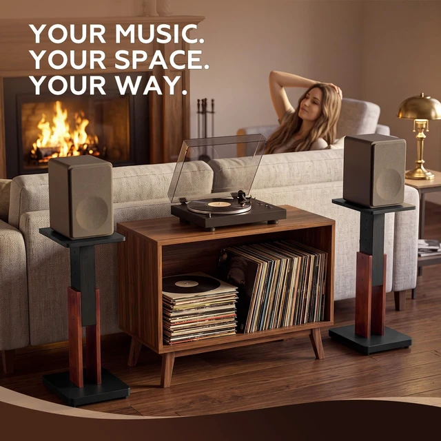 Alt view image 4 of 7 - 2 Pcs Height Adjustable Speaker Stands 18 to 28 Inches Heavy Duty 50 Lbs Wood Vinyl Record Player Stands Pair for Studio Housewarming Home Decoration
