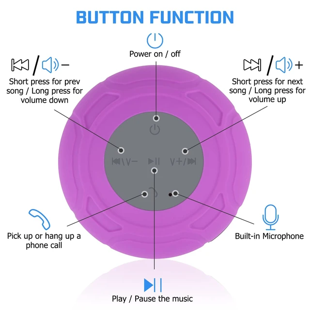 Alt view image 5 of 6 - Waterproof Bluetooth Shower Speaker Portable Wireless Water-Resistant Speaker Suction Cup,Built-in Mic Gifts for Kids Speakerphone Bathroom Kitchen - Purple