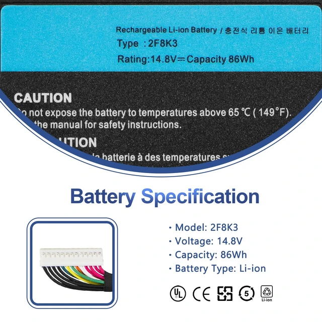 Alt view image 2 of 7 - 86Wh 2F8K3 Laptop Battery for Dell Alienware 17/18 M17X/M18X Series 17X,M17X-R5,18X,M18X-R3,P18E/P18E001,P19E/P19E001,02F8K3,G33TT,KJ2PX,0KJ2PX,0G33TT,0NU209,451-BBCB
