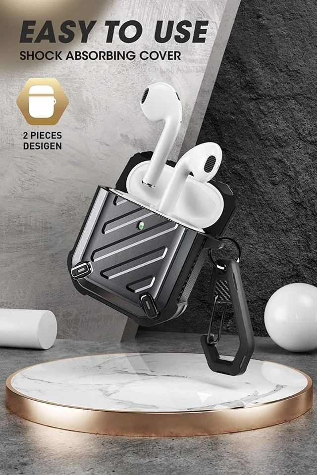 Alt view image 3 of 6 - for AirPods 2 / AirPods1 Military-Grade Case with Carabiner, Balck Military-Grade Drop Protection, Anti-Scratch Hard Shell Cover for AirPods 1st / 2nd, Supports Wireless Charging, UB Pro