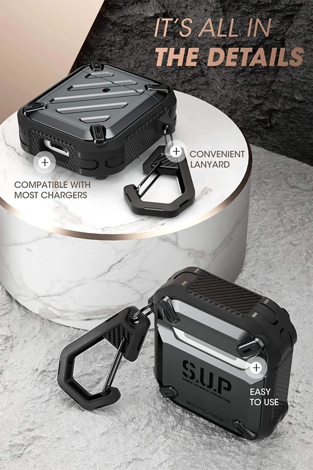 Alt view image 5 of 6 - for AirPods 2 / AirPods1 Military-Grade Case with Carabiner, Balck Military-Grade Drop Protection, Anti-Scratch Hard Shell Cover for AirPods 1st / 2nd, Supports Wireless Charging, UB Pro