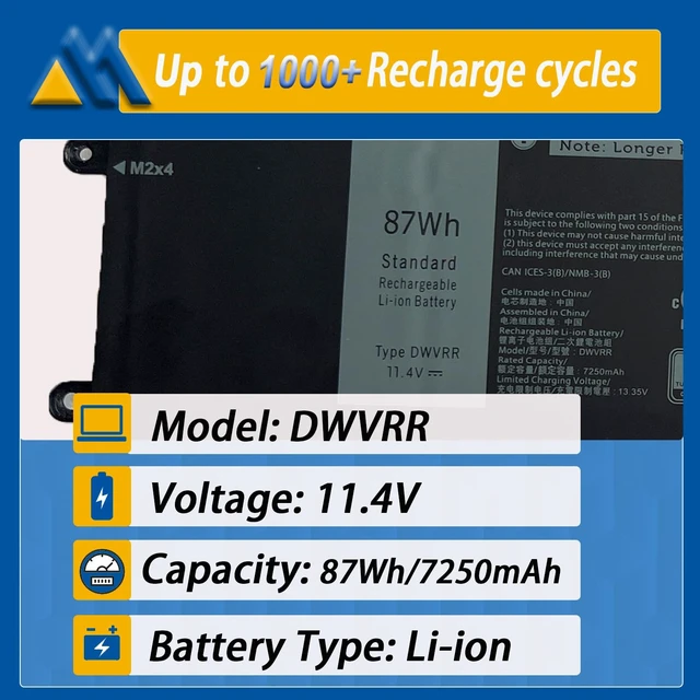 Alt view image 2 of 6 - Mobik 87Wh DWVRR Laptop Battery Replacement for Dell Inspiron 16 7620 2-in-1 Alienware X15 R1 R2 Alienware x17 R1 R2 Series 817GN 0NR6MH 0017GN NR6MH 0NR6MH 11.4V 6-Cell