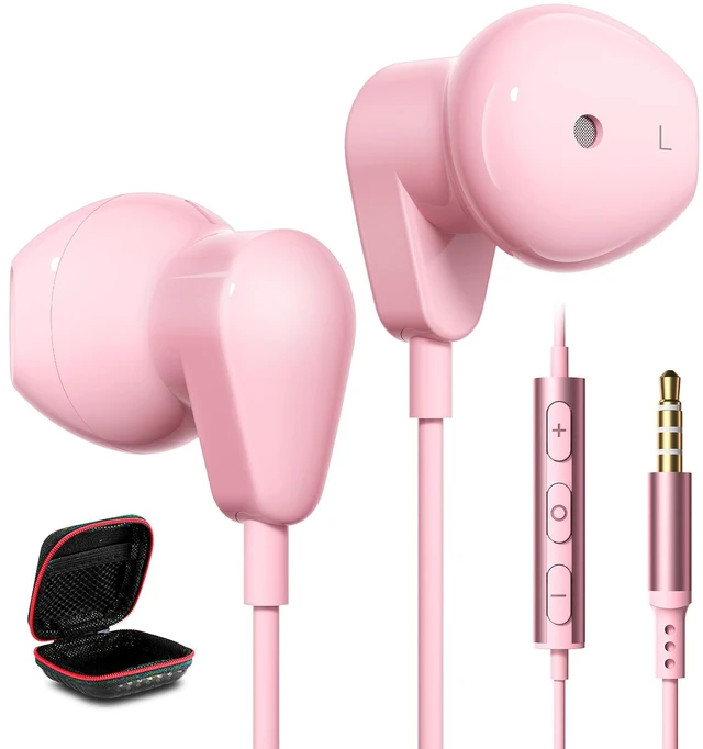 Main image of 3.5mm Headphones Wired Earbuds for Samsung A25 A15 A12 A13, Pink Wired Earphones with Microphone Song Skip Ear Bud Wire for Galaxy A14 A23 A71 A03s/Moto G Power Pure/Pixel 5a 4a
