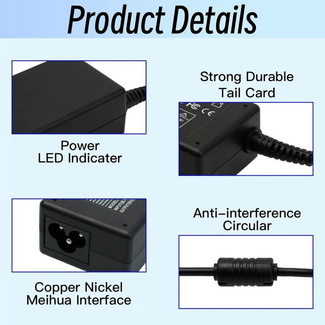 Alt view image 7 of 7 - 19V Laptop Charger Copmatible with Acer Chromebook 11 13 14 15 R11 CB3 CB5 C740 C720 C720p C738T, 65W Replacement Power Cord AC Adapter Supply (Small Connecter with EMI Filter)