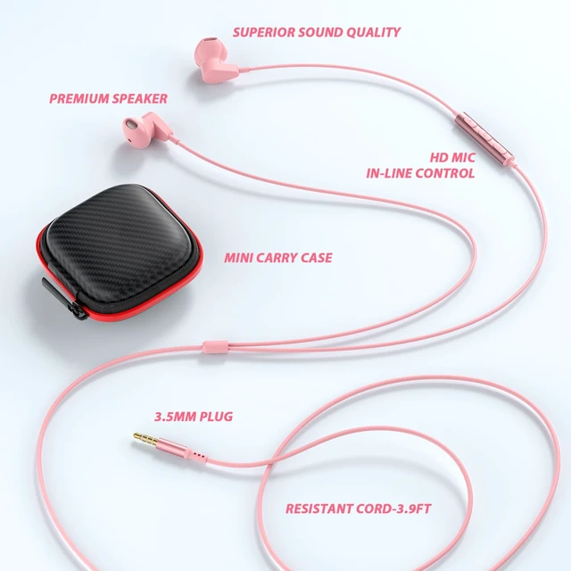 Alt view image 4 of 7 - 3.5mm Headphones Wired Earbuds for Samsung A25 A15 A12 A13, Pink Wired Earphones with Microphone Song Skip Ear Bud Wire for Galaxy A14 A23 A71 A03s/Moto G Power Pure/Pixel 5a 4a