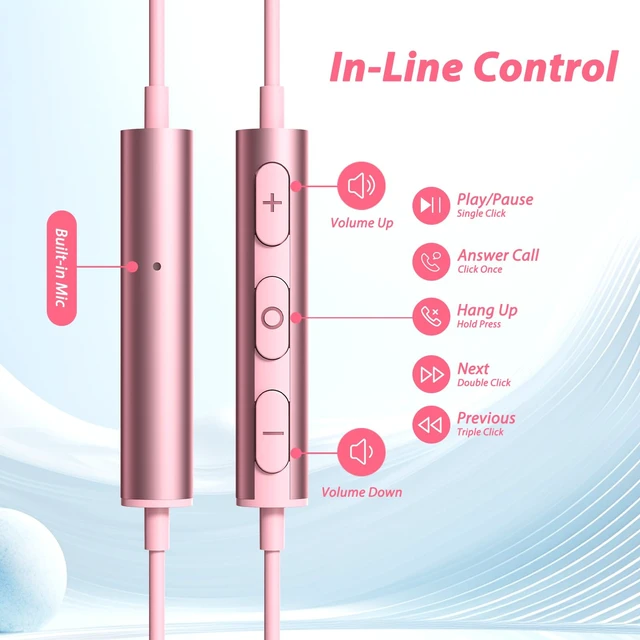Alt view image 6 of 7 - 3.5mm Headphones Wired Earbuds for Samsung A25 A15 A12 A13, Pink Wired Earphones with Microphone Song Skip Ear Bud Wire for Galaxy A14 A23 A71 A03s/Moto G Power Pure/Pixel 5a 4a