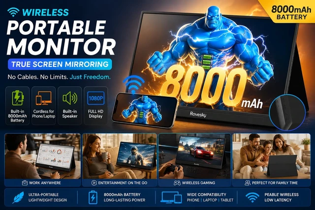 Alt view image 2 of 7 - Cordless 15.6" Portable Monitor with 8000mAh Battery 1080P FHD IPS Laptop Screen Extender, Wireless Display for Phone, PS4/PS5, Xbox, Switch & Office Use
