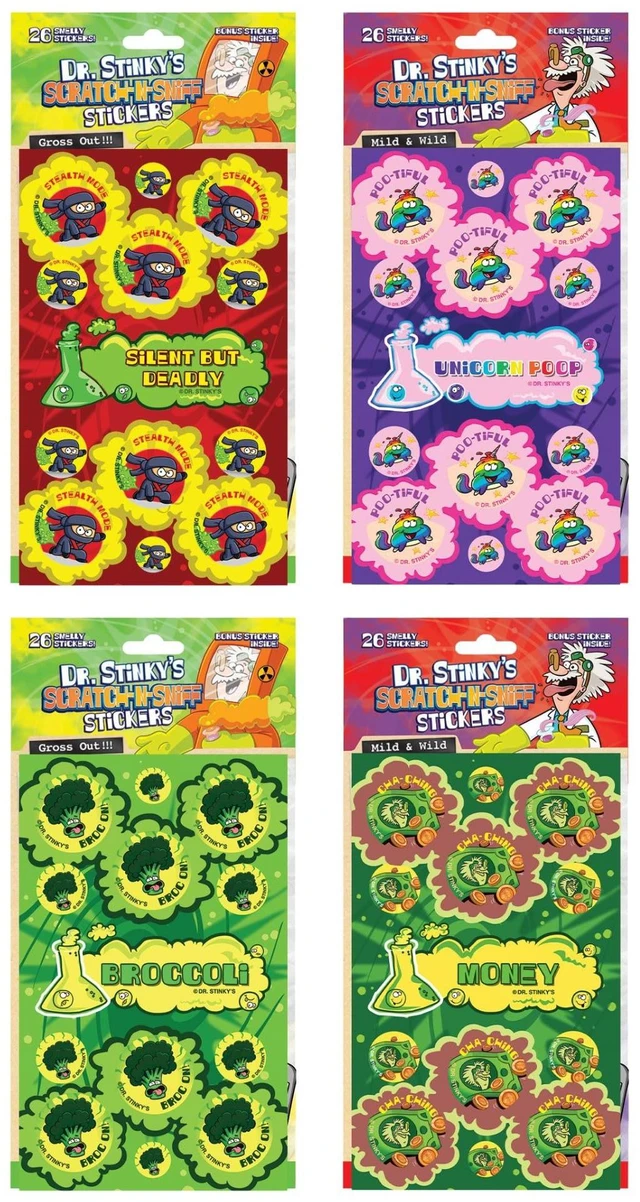 Main image of Dr. Stinky's Silly Scratch N Sniff Stickers, 4-Pack, Novelty Scents Silent but Deadly, Unicorn Poop, Broccoli, and Money Scents, Made in North America