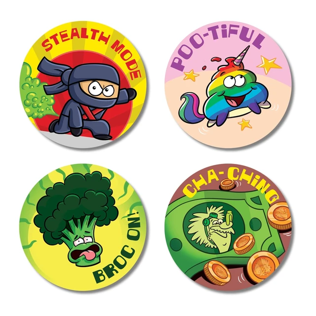 Alt view image 2 of 7 - Dr. Stinky's Silly Scratch N Sniff Stickers, 4-Pack, Novelty Scents Silent but Deadly, Unicorn Poop, Broccoli, and Money Scents, Made in North America