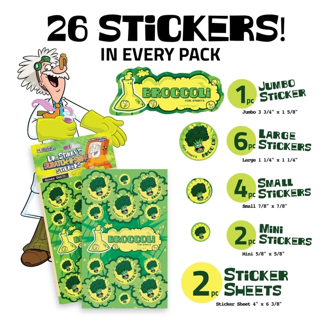 Alt view image 4 of 7 - Dr. Stinky's Silly Scratch N Sniff Stickers, 4-Pack, Novelty Scents Silent but Deadly, Unicorn Poop, Broccoli, and Money Scents, Made in North America