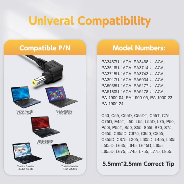 Alt view image 3 of 7 - Laptop Charger Compatible with Toshiba Satellite PA3468U-1ACA, PA3516U-1ACA, PA3714U-1ACA, PA5035U-1ACA, PA5177U-1ACA, PA5180U-1ACA, PA3467U-1ACA, PA-1900-04, PA-1900-05, PA-1900-24 Power Supply Cord