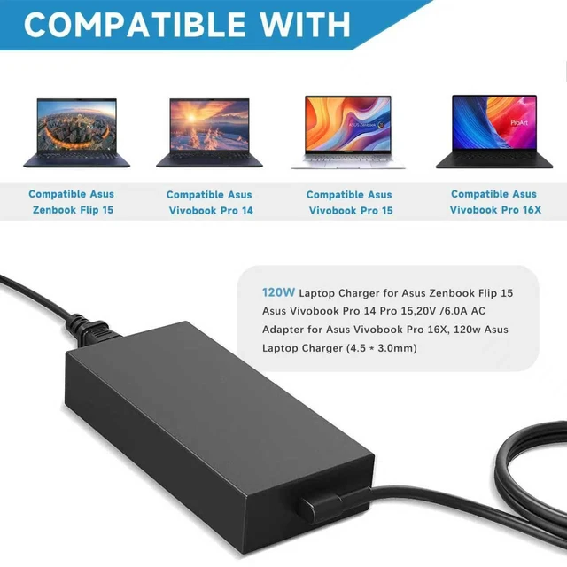 Alt view image 4 of 7 - 120W AC Charger Compatible with ASUS Zenbook Flip 15 Q528E Q537F Q538E Q539Z Q537FD-BI7t7 Q528EH-202.BL Q538EI-202.BL UX534F Q546F Q547F Q547VF UX564E UX564PH Q547FD, Laptop Power Adapter Cord