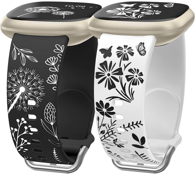 Main image of 2 Packs Floral Engraved Band Compatible with Fitbit Versa 4 Bands Versa 3 4 Bands/Sense 2/Sense Bands Women, Cute Two-Tone Flower Soft Silicone Sport Strap for Versa 3 4 Sense 2 Watch Band