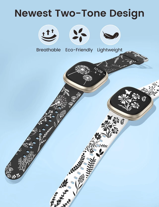 Alt view image 2 of 6 - 2 Packs Floral Engraved Band Compatible with Fitbit Versa 4 Bands Versa 3 4 Bands/Sense 2/Sense Bands Women, Cute Two-Tone Flower Soft Silicone Sport Strap for Versa 3 4 Sense 2 Watch Band