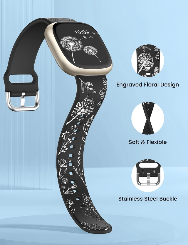 Alt view image 4 of 6 - 2 Packs Floral Engraved Band Compatible with Fitbit Versa 4 Bands Versa 3 4 Bands/Sense 2/Sense Bands Women, Cute Two-Tone Flower Soft Silicone Sport Strap for Versa 3 4 Sense 2 Watch Band