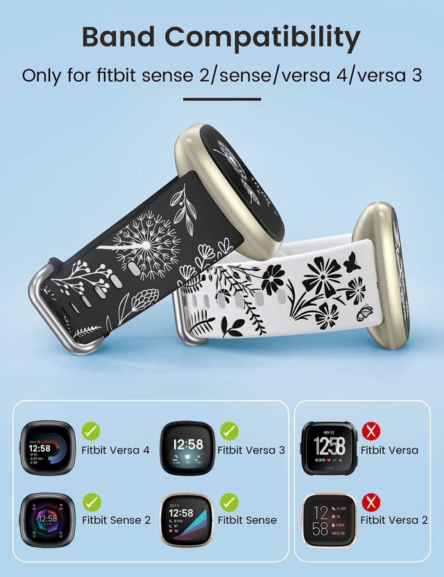 Alt view image 3 of 6 - 2 Packs Floral Engraved Band Compatible with Fitbit Versa 4 Bands Versa 3 4 Bands/Sense 2/Sense Bands Women, Cute Two-Tone Flower Soft Silicone Sport Strap for Versa 3 4 Sense 2 Watch Band