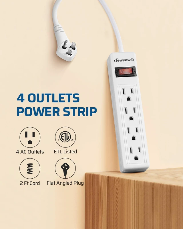Alt view image 2 of 7 - 4 Outlets Power Strip, 2FT Portable Small Power Strip Flat Angled Plug, 15A 125V 1875W, Wall Mount Design for Home Office, Dorm, Bedroom, Living Room, ETL Listed, White