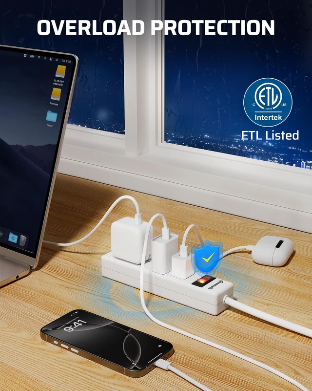 Alt view image 4 of 7 - 4 Outlets Power Strip, 2FT Portable Small Power Strip Flat Angled Plug, 15A 125V 1875W, Wall Mount Design for Home Office, Dorm, Bedroom, Living Room, ETL Listed, White