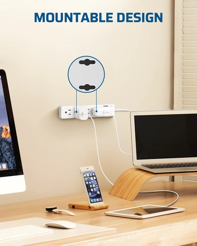 Alt view image 5 of 7 - 4 Outlets Power Strip, 2FT Portable Small Power Strip Flat Angled Plug, 15A 125V 1875W, Wall Mount Design for Home Office, Dorm, Bedroom, Living Room, ETL Listed, White