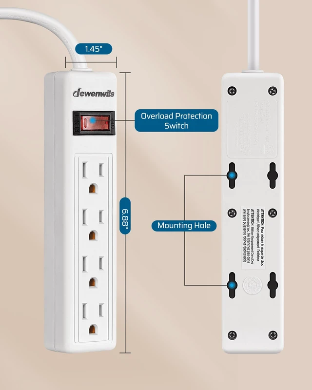 Alt view image 7 of 7 - 4 Outlets Power Strip, 2FT Portable Small Power Strip Flat Angled Plug, 15A 125V 1875W, Wall Mount Design for Home Office, Dorm, Bedroom, Living Room, ETL Listed, White