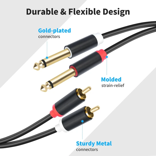 Alt view image 7 of 7 - Dual 1/4 TS to Dual RCA Stereo Audio Interconnect Cable 16FT, Gold Plated Copper Shell Heavy Duty 2X6.35mm Male TS to 2 RCA Male Adapter Cable