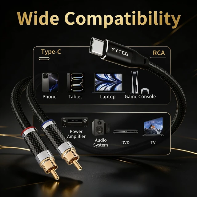 Alt view image 7 of 7 - HiFi USB C to RCA Audio Cable 4.92ft Type - C to Dual RCA Y Splitter 99.99% Silver-Plated OFC Core, DAC Chip, 24K Gold-Plated Plugs, Braided Jacket, Dual Shielding for Amplifier/Speaker/DVD