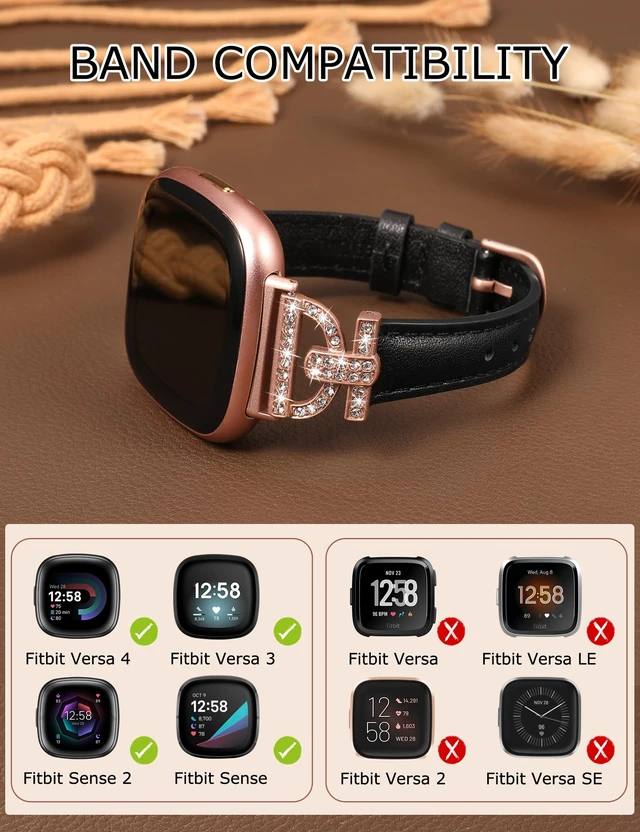 Alt view image 3 of 6 - Leather Bands Compatible with Fitbit Versa 4/Versa 3/Sense 2/Sense Band for Women, Dressy Bling Slim Leather Strap with D-shaped Diamonds Metal Buckle for Versa 4