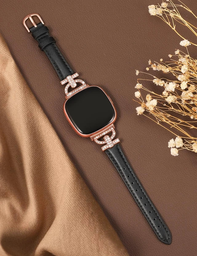 Alt view image 2 of 6 - Leather Bands Compatible with Fitbit Versa 4/Versa 3/Sense 2/Sense Band for Women, Dressy Bling Slim Leather Strap with D-shaped Diamonds Metal Buckle for Versa 4