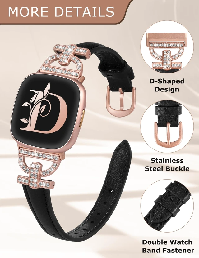 Alt view image 4 of 6 - Leather Bands Compatible with Fitbit Versa 4/Versa 3/Sense 2/Sense Band for Women, Dressy Bling Slim Leather Strap with D-shaped Diamonds Metal Buckle for Versa 4