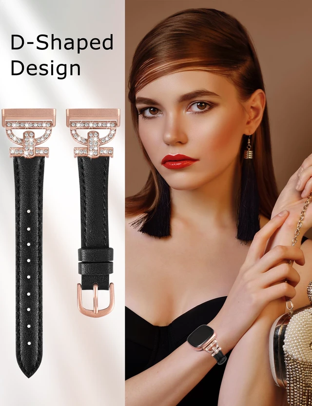 Alt view image 6 of 6 - Leather Bands Compatible with Fitbit Versa 4/Versa 3/Sense 2/Sense Band for Women, Dressy Bling Slim Leather Strap with D-shaped Diamonds Metal Buckle for Versa 4