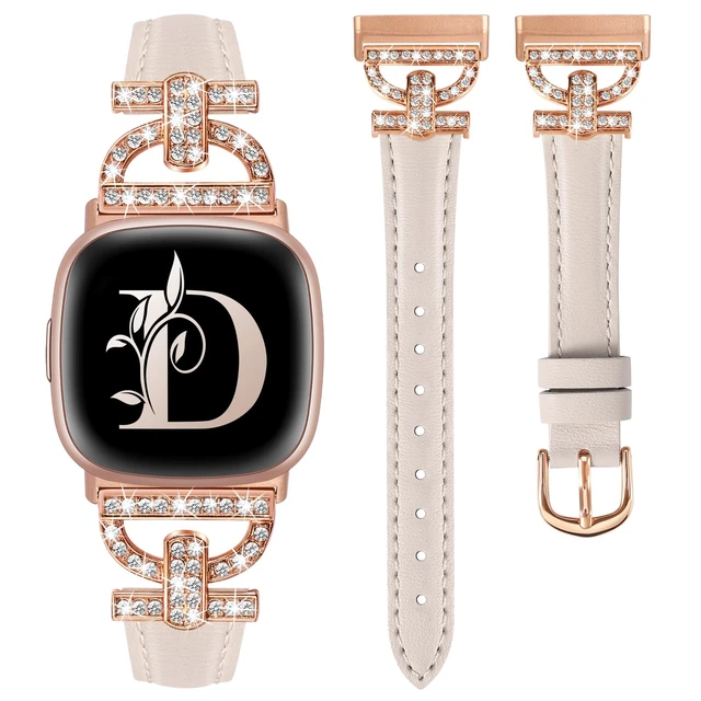 Main image of Leather Bands Compatible with Fitbit Versa 4/Versa 3/Sense 2/Sense Band for Women, Dressy Bling Slim Leather Strap with D-shaped Diamonds Metal Buckle for Versa 4