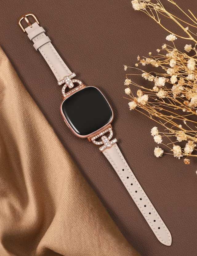 Alt view image 2 of 6 - Leather Bands Compatible with Fitbit Versa 4/Versa 3/Sense 2/Sense Band for Women, Dressy Bling Slim Leather Strap with D-shaped Diamonds Metal Buckle for Versa 4
