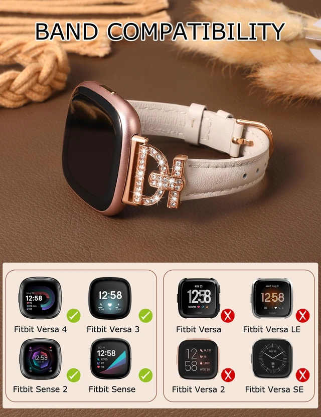 Alt view image 3 of 6 - Leather Bands Compatible with Fitbit Versa 4/Versa 3/Sense 2/Sense Band for Women, Dressy Bling Slim Leather Strap with D-shaped Diamonds Metal Buckle for Versa 4