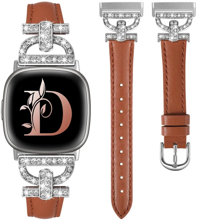 Main image of Leather Bands Compatible with Fitbit Versa 4/Versa 3/Sense 2/Sense Band for Women, Dressy Bling Slim Leather Strap with D-shaped Diamonds Metal Buckle for Versa 4