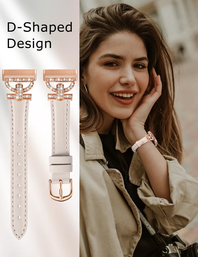 Alt view image 5 of 6 - Leather Bands Compatible with Fitbit Versa 4/Versa 3/Sense 2/Sense Band for Women, Dressy Bling Slim Leather Strap with D-shaped Diamonds Metal Buckle for Versa 4
