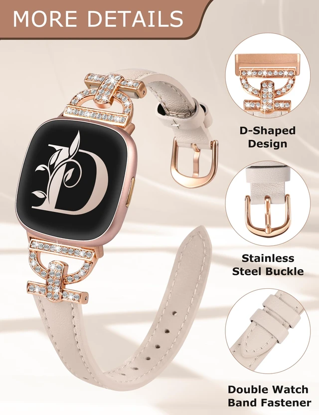 Alt view image 4 of 6 - Leather Bands Compatible with Fitbit Versa 4/Versa 3/Sense 2/Sense Band for Women, Dressy Bling Slim Leather Strap with D-shaped Diamonds Metal Buckle for Versa 4
