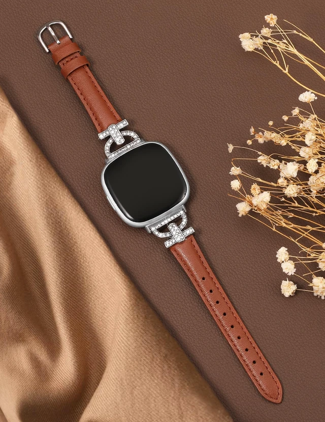 Alt view image 2 of 6 - Leather Bands Compatible with Fitbit Versa 4/Versa 3/Sense 2/Sense Band for Women, Dressy Bling Slim Leather Strap with D-shaped Diamonds Metal Buckle for Versa 4
