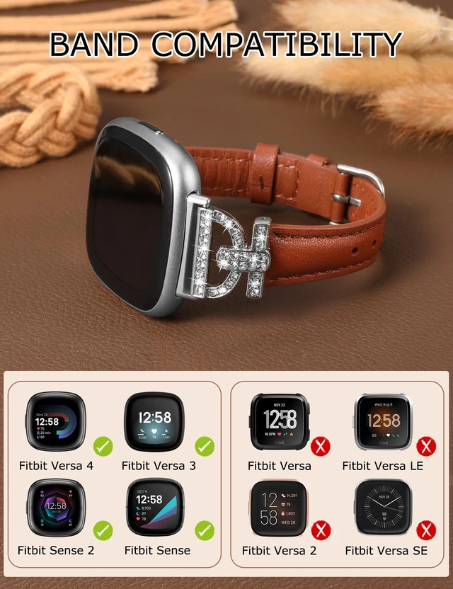 Alt view image 3 of 6 - Leather Bands Compatible with Fitbit Versa 4/Versa 3/Sense 2/Sense Band for Women, Dressy Bling Slim Leather Strap with D-shaped Diamonds Metal Buckle for Versa 4